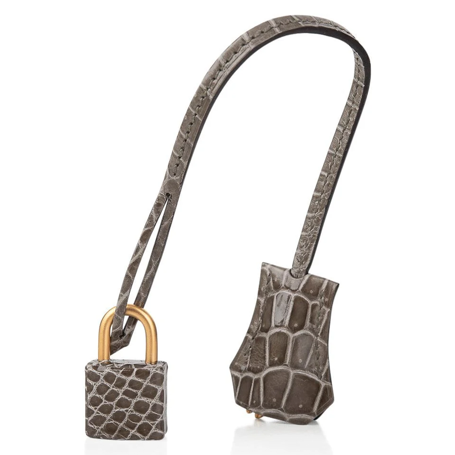 Sleek Dove Grey Glossy Scaled Grid Medium Structured Hand Tote With Deep Sapphire Blue Inner Lining, Brushed Golden Twist Lock Hardware And Matching Scaled Suspended Padlock Charm