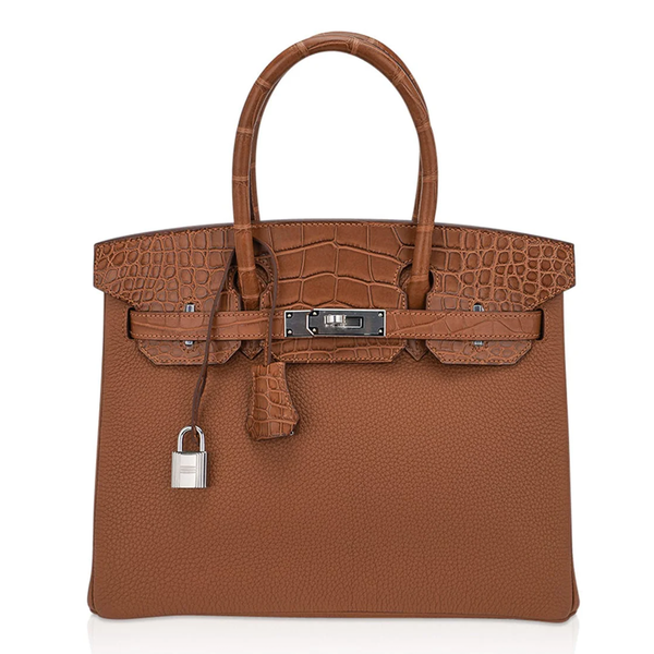 Warm Caramel Dual Texture Compact Structured Hand Tote With Textured Scaled Trim, Brushed Silvery Twist Lock Hardware And Matching Scaled Suspended Metal Padlock Charm