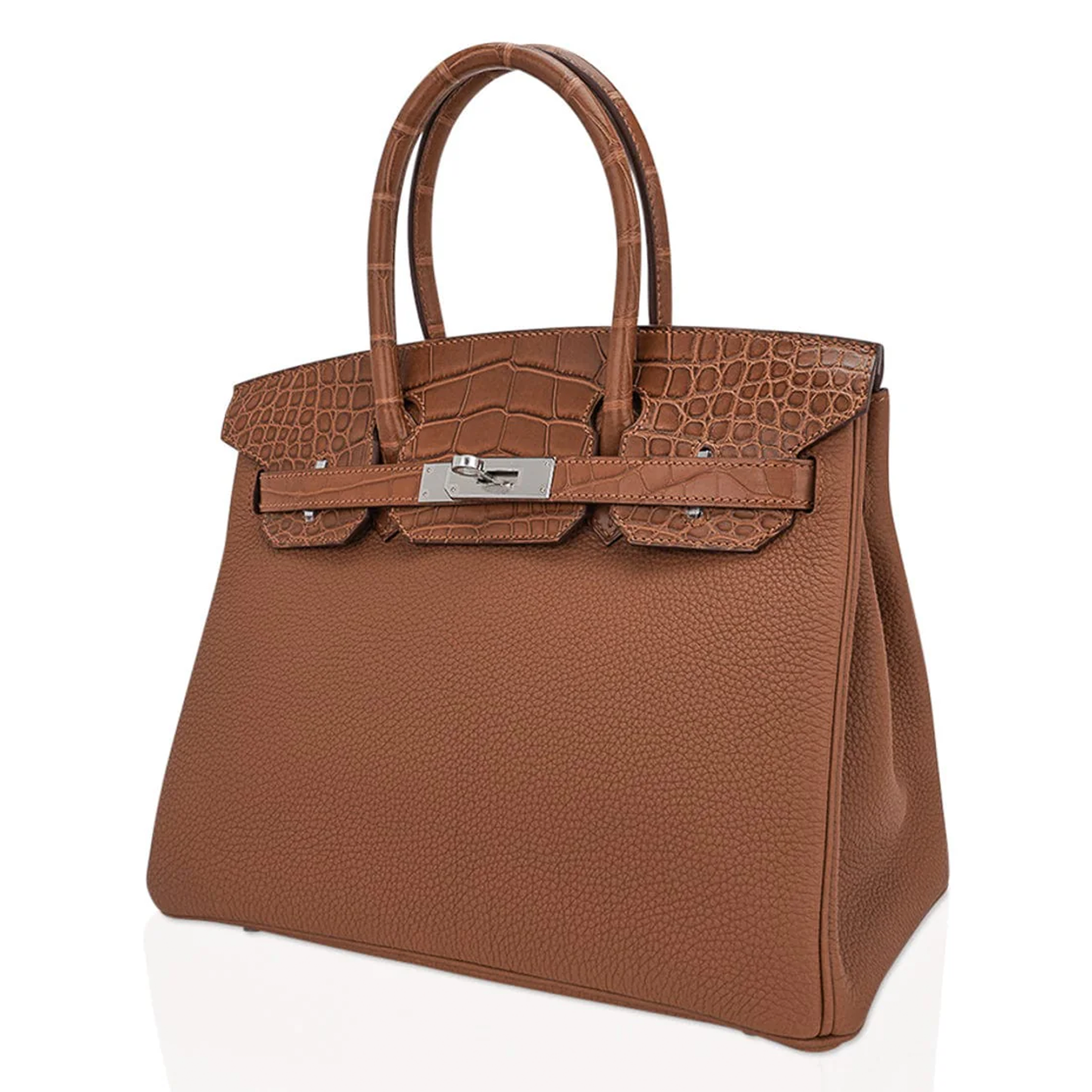 Warm Caramel Dual Texture Compact Structured Hand Tote With Textured Scaled Trim, Brushed Silvery Twist Lock Hardware And Matching Scaled Suspended Metal Padlock Charm