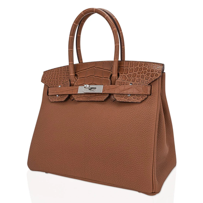 Warm Caramel Dual Texture Compact Structured Hand Tote With Textured Scaled Trim, Brushed Silvery Twist Lock Hardware And Matching Scaled Suspended Metal Padlock Charm