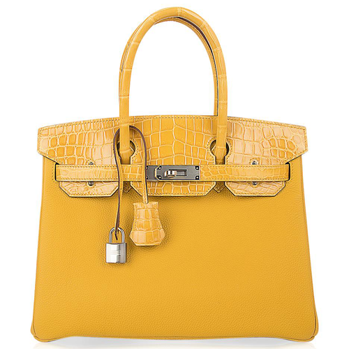 Bright Warm Amber Yellow Dual Finish Compact Rigid Hand Tote With Glossy Scaled Trim, Sleek Silvery Twist Lock Hardware And Matching Scaled Suspended Metal Padlock Charm