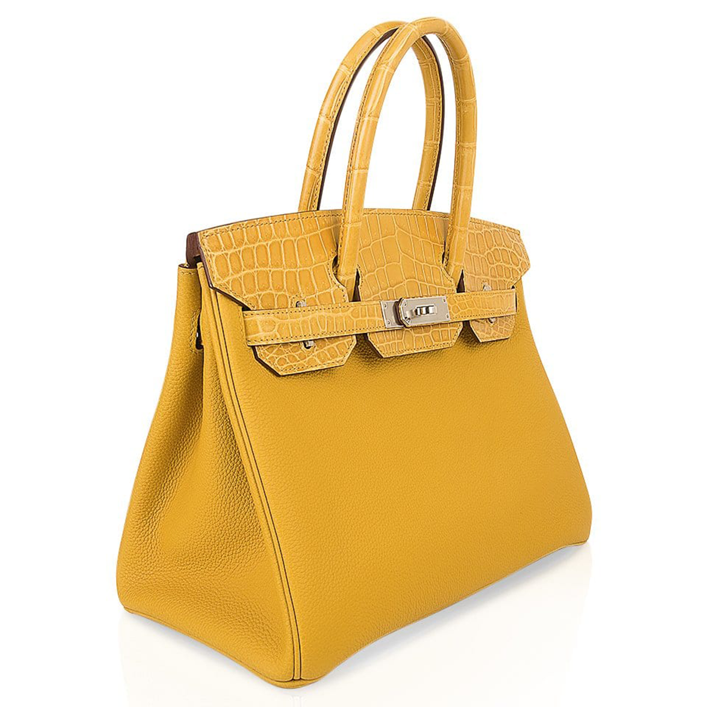 Bright Warm Amber Yellow Dual Finish Compact Rigid Hand Tote With Glossy Scaled Trim, Sleek Silvery Twist Lock Hardware And Matching Scaled Suspended Metal Padlock Charm