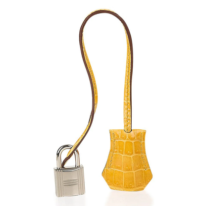 Bright Warm Amber Yellow Dual Finish Compact Rigid Hand Tote With Glossy Scaled Trim, Sleek Silvery Twist Lock Hardware And Matching Scaled Suspended Metal Padlock Charm
