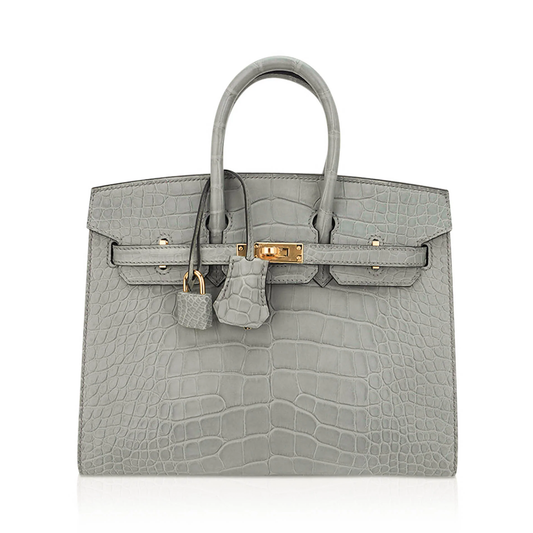 Muted Soft Concrete Grey Embossed Scaled Sharp Edged Compact Hand Tote With Luminous Golden Twist Lock Hardware And Matching Grey Suspended Metal Padlock Charm