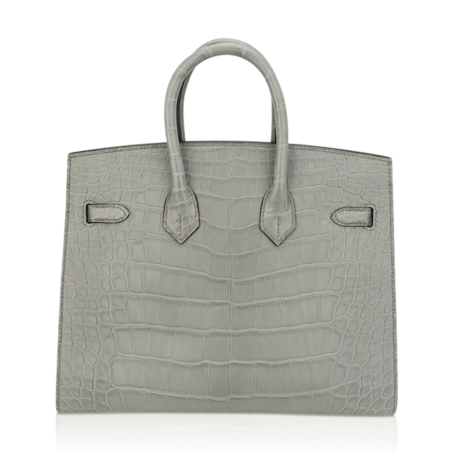Muted Soft Concrete Grey Embossed Scaled Sharp Edged Compact Hand Tote With Luminous Golden Twist Lock Hardware And Matching Grey Suspended Metal Padlock Charm