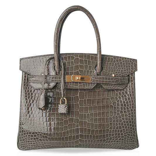 Sleek Dove Grey Glossy Scaled Grid Medium Structured Hand Tote With Deep Sapphire Blue Inner Lining, Brushed Golden Twist Lock Hardware And Matching Scaled Suspended Padlock Charm