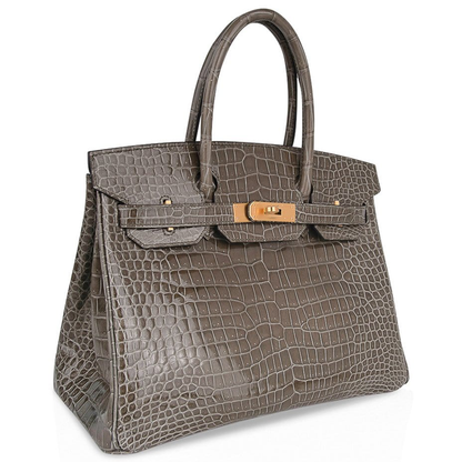 Sleek Dove Grey Glossy Scaled Grid Medium Structured Hand Tote With Deep Sapphire Blue Inner Lining, Brushed Golden Twist Lock Hardware And Matching Scaled Suspended Padlock Charm